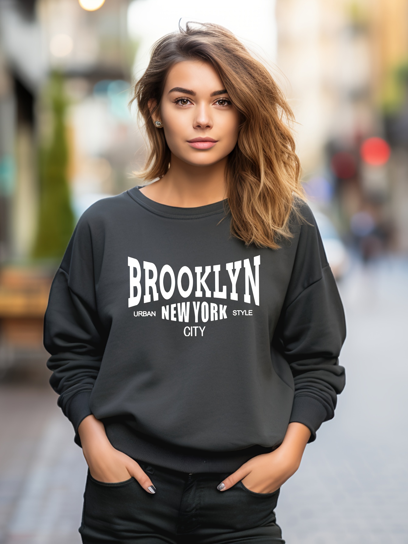 Brooklyn New York Letter Print Fleece Round Neck Sweatshirt - Temu