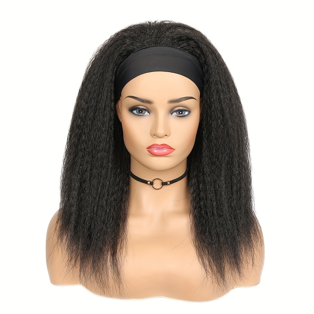 Yaki Straight Headband Wig Synthetic Hair Black Wigs For Women Wig With Elastic Band Heat Resistant Fiber Kinky Straight Daily Use