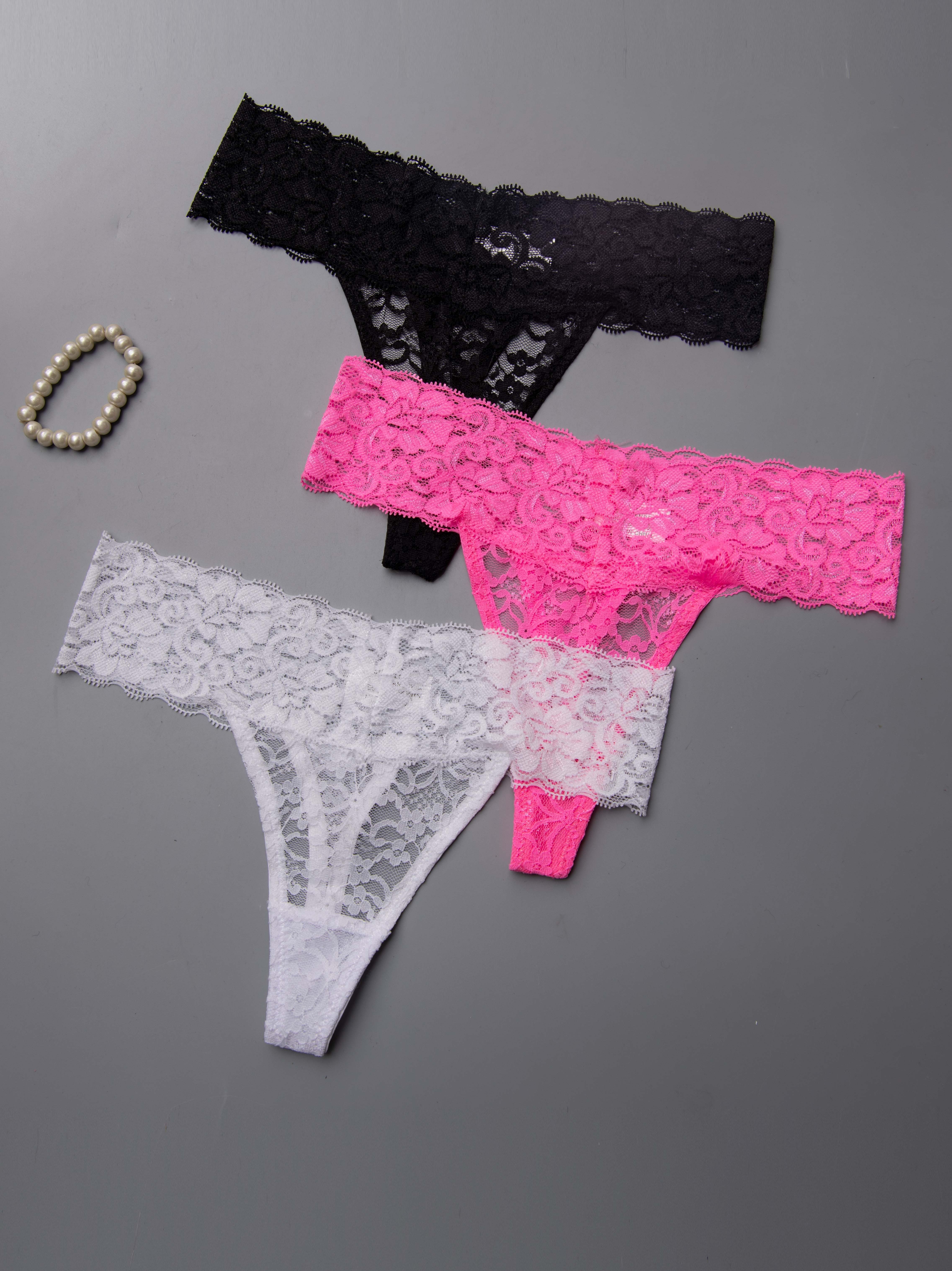 Solid Floral Lace Thongs Comfy Low Waist Intimates Panties - Temu