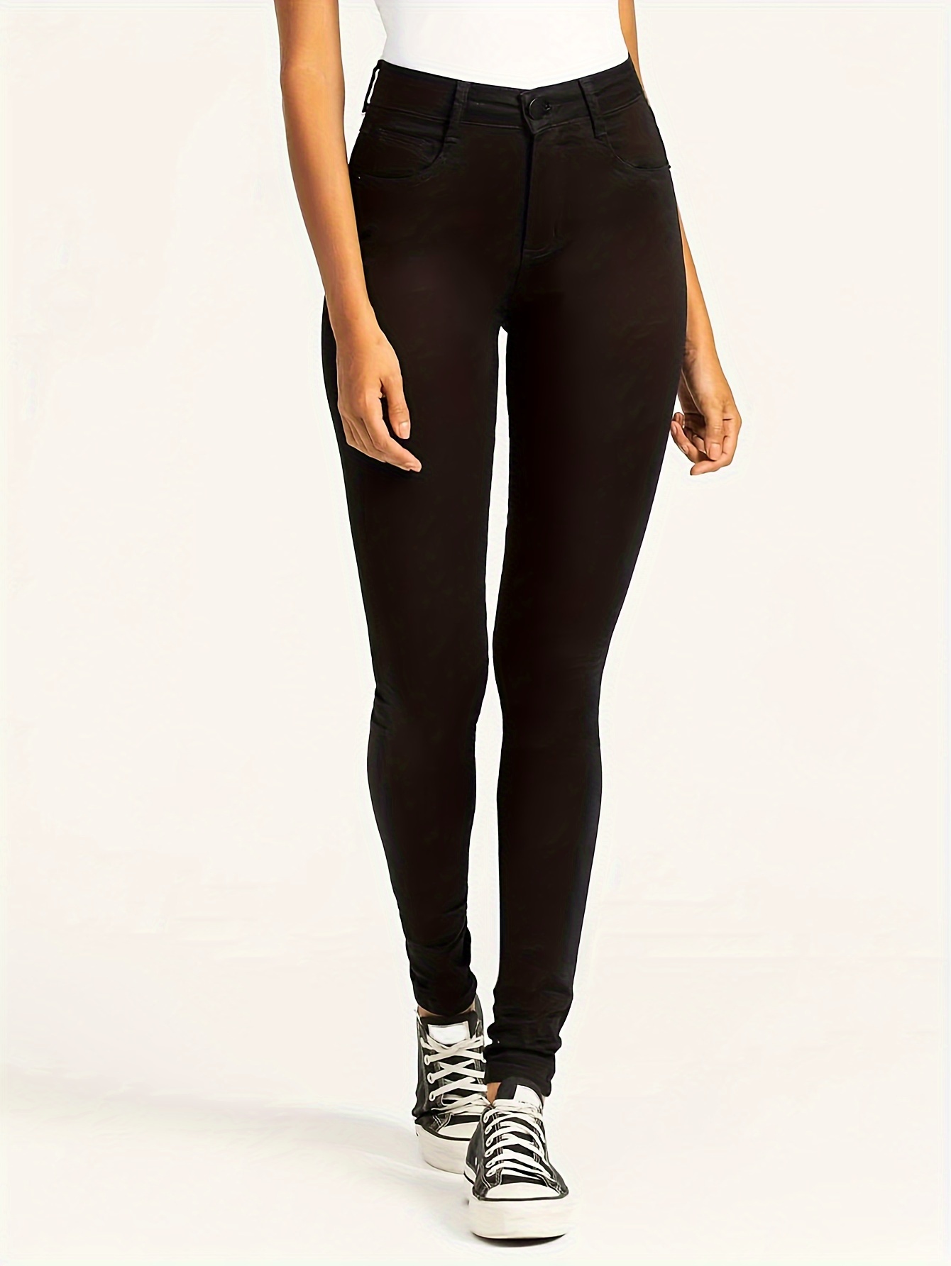 Solid Black Skinny Jeans High Stretch Stylish Plain - Temu