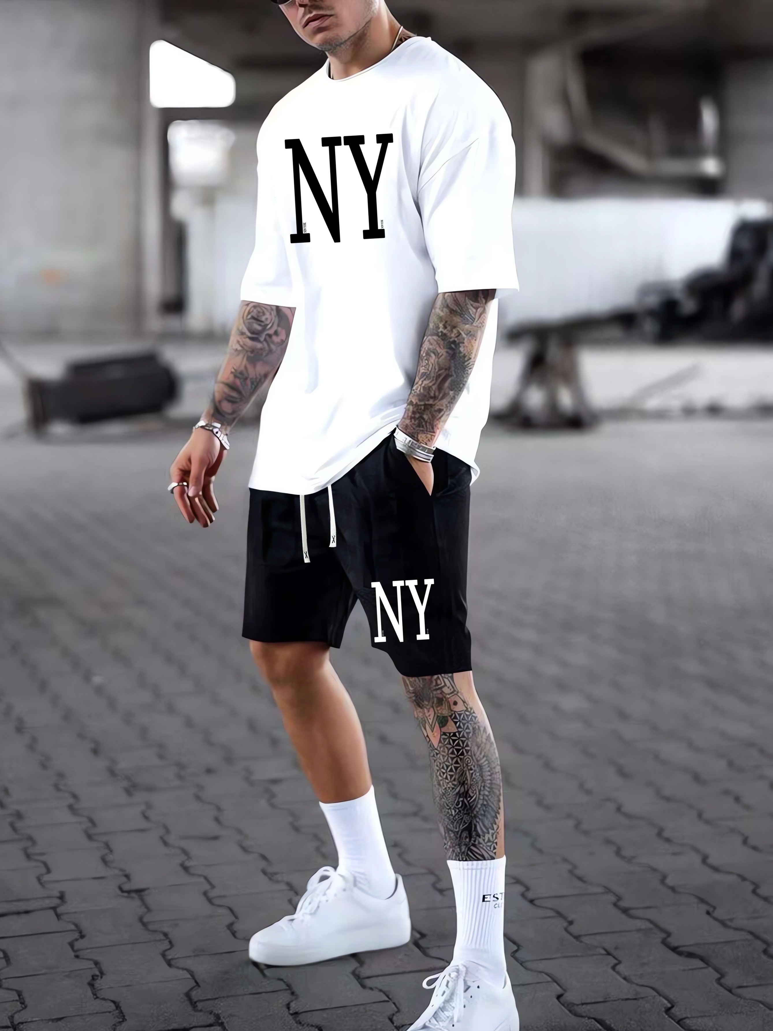 Ny'' Print, Street Style Men's, Trendy T-shirt And Loose