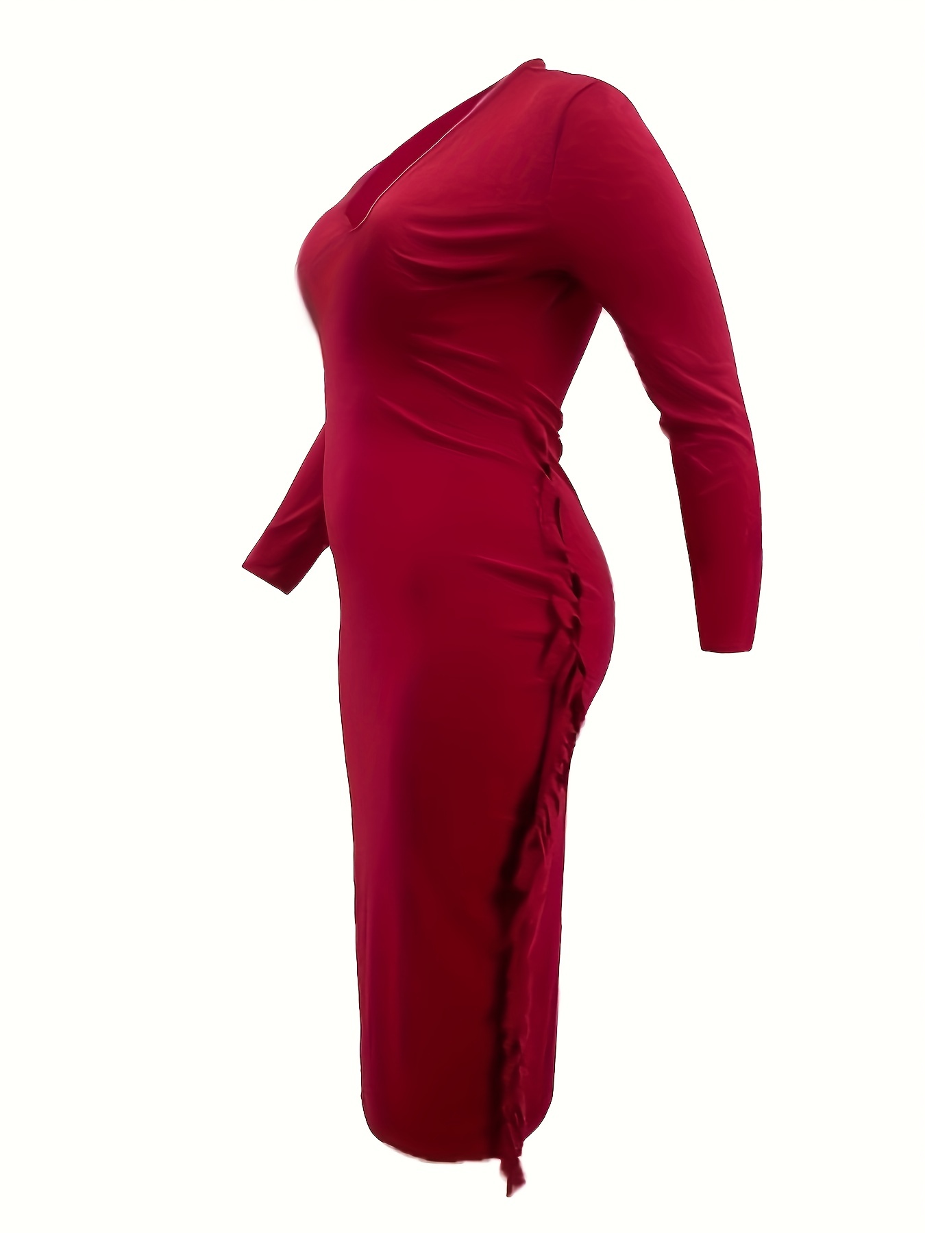 Casual Dress Solid Long Sleeve V Neck Fringe Trim Midi Dress