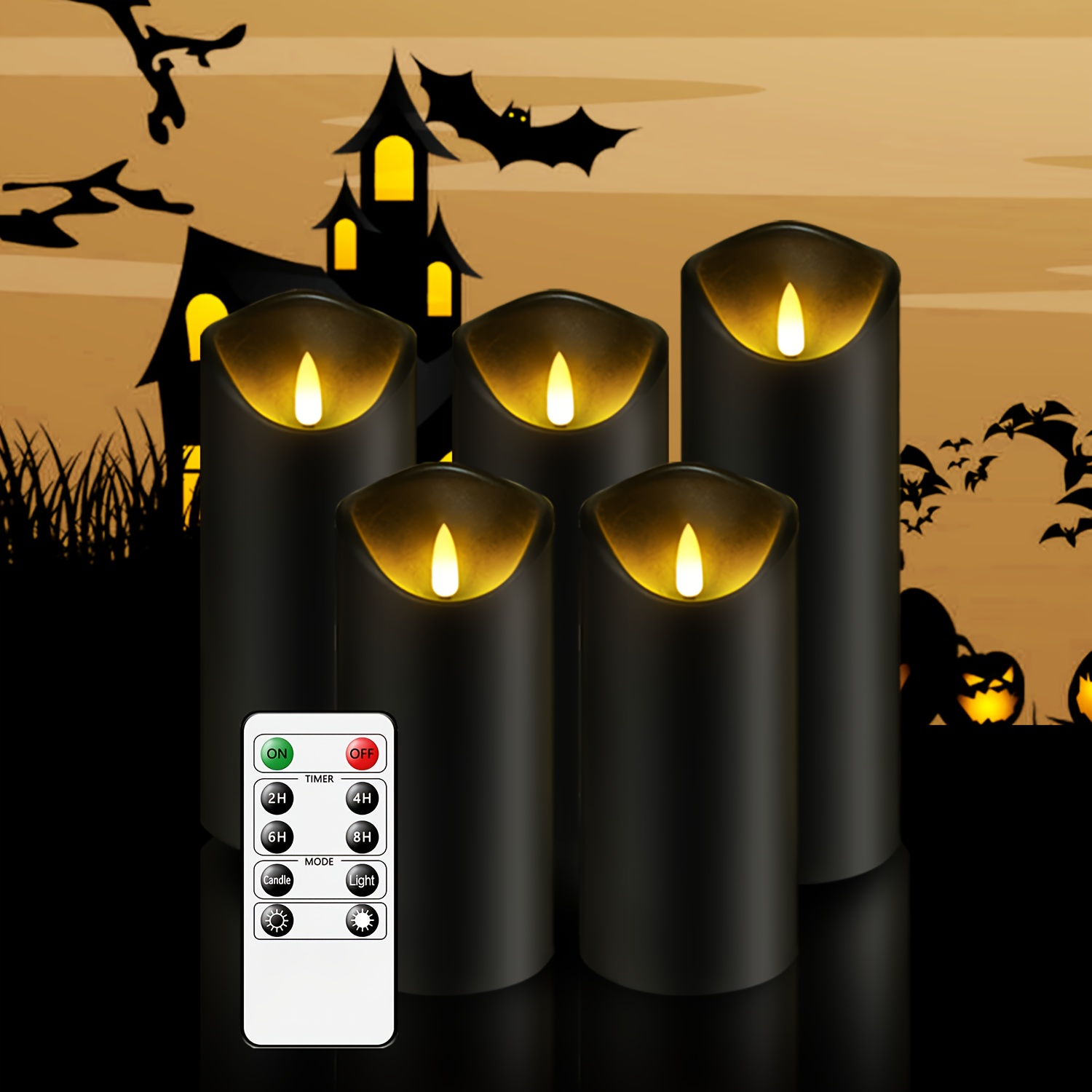 

5pcs Flicker Flameless Candles, (d2.3"xh5"5"6"6"7") With Remote Control And Timer, Led Candle For Christmas Halloween Party Home Decor ( Black)
