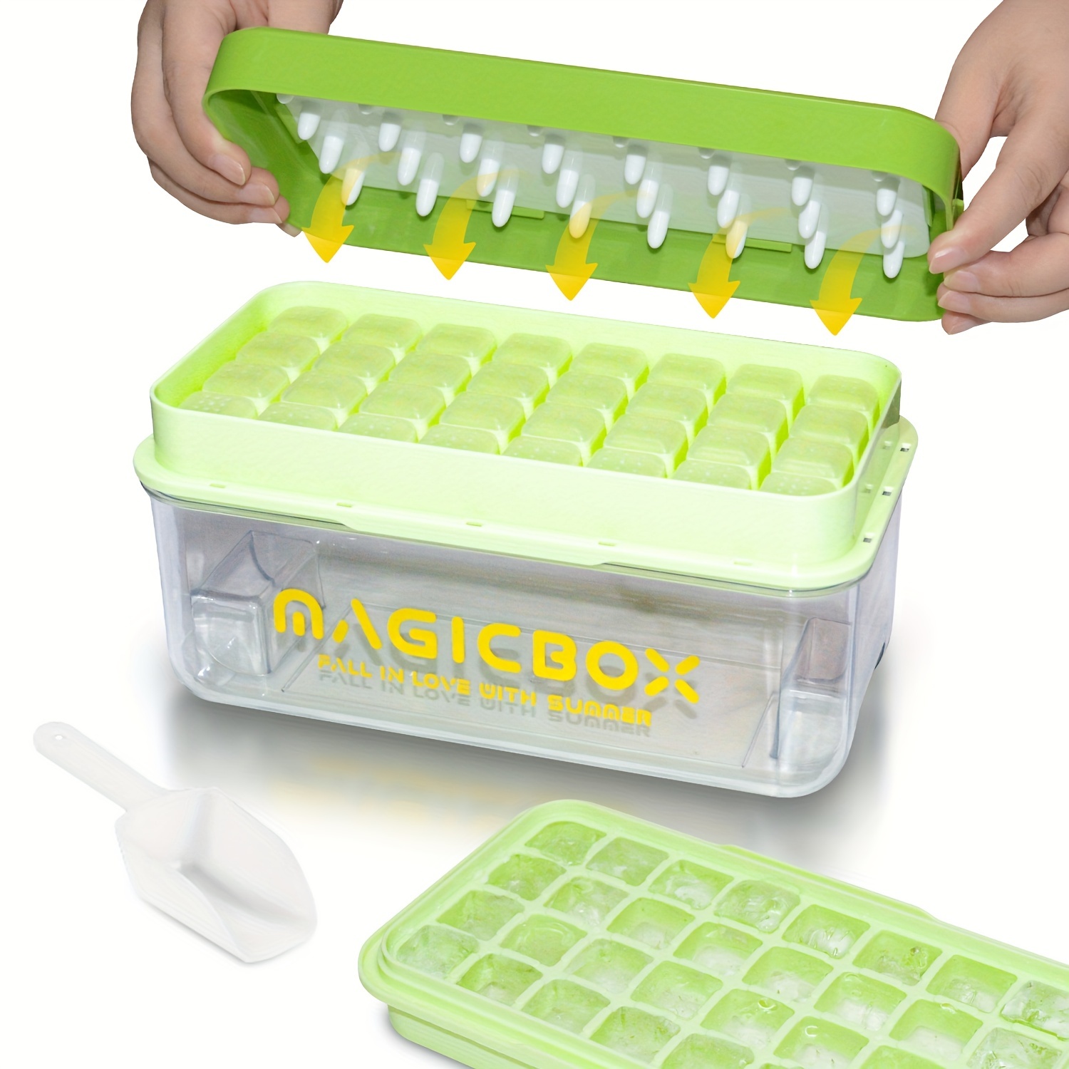GROFRY 1 Set Ice Cube Tray Single/Double Layer Multiple Grids Press Button  Design Silicone Ice Mold Tray Storage Box with Shovel Kitchen Tool,Green