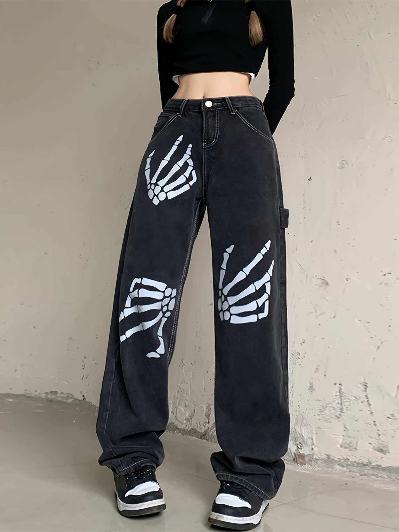 Womens Gothic Skeleton Bone Hands Printed Halloween Ladies Pants