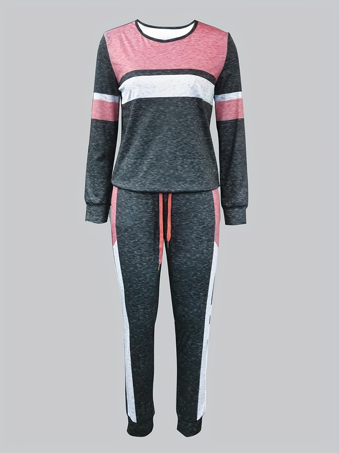 Women 2 Piece Jogger Outfits Sets Pink Crewneck Color Block T Shirt Top  Blouse And Jogger Pants Casual Tracksuits