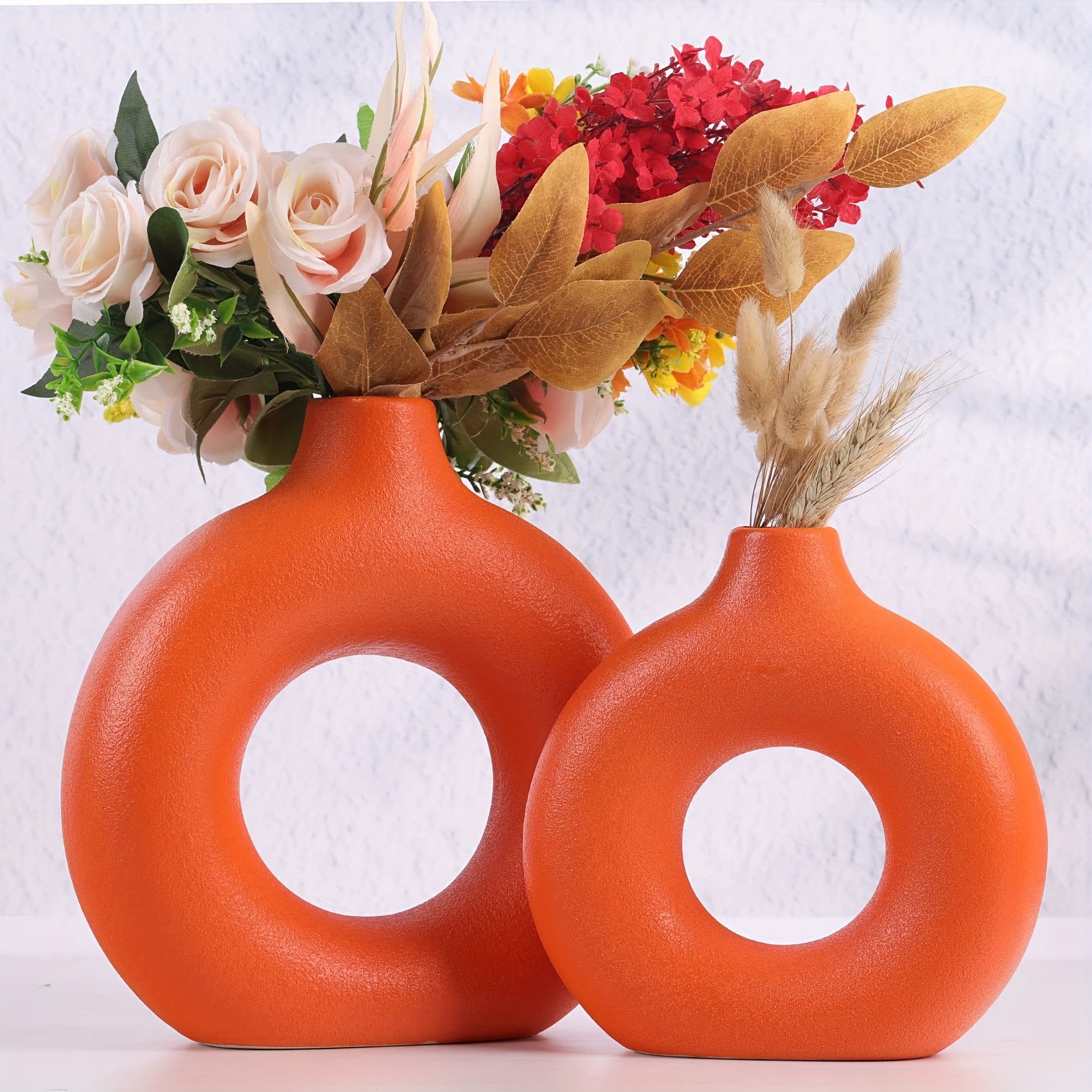 2pcs orange ceramic vase round pampas grass flower vases for modern home decor boho nordic minimalist style for living room kitchen dining table office decorative centerpieces gift no plants included