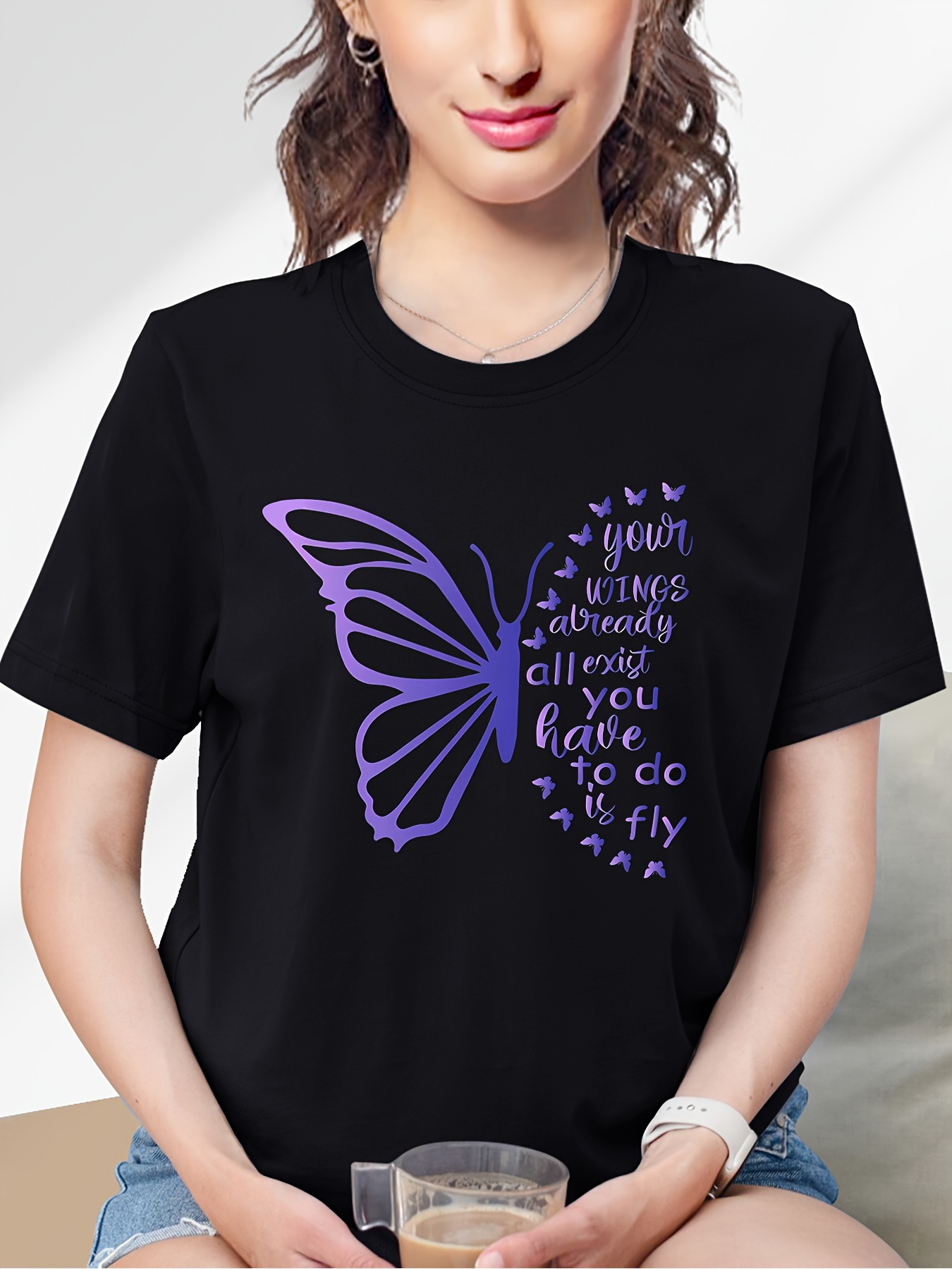 Butterfly Print Round Neck Short Sleeve T shirt Casual - Temu