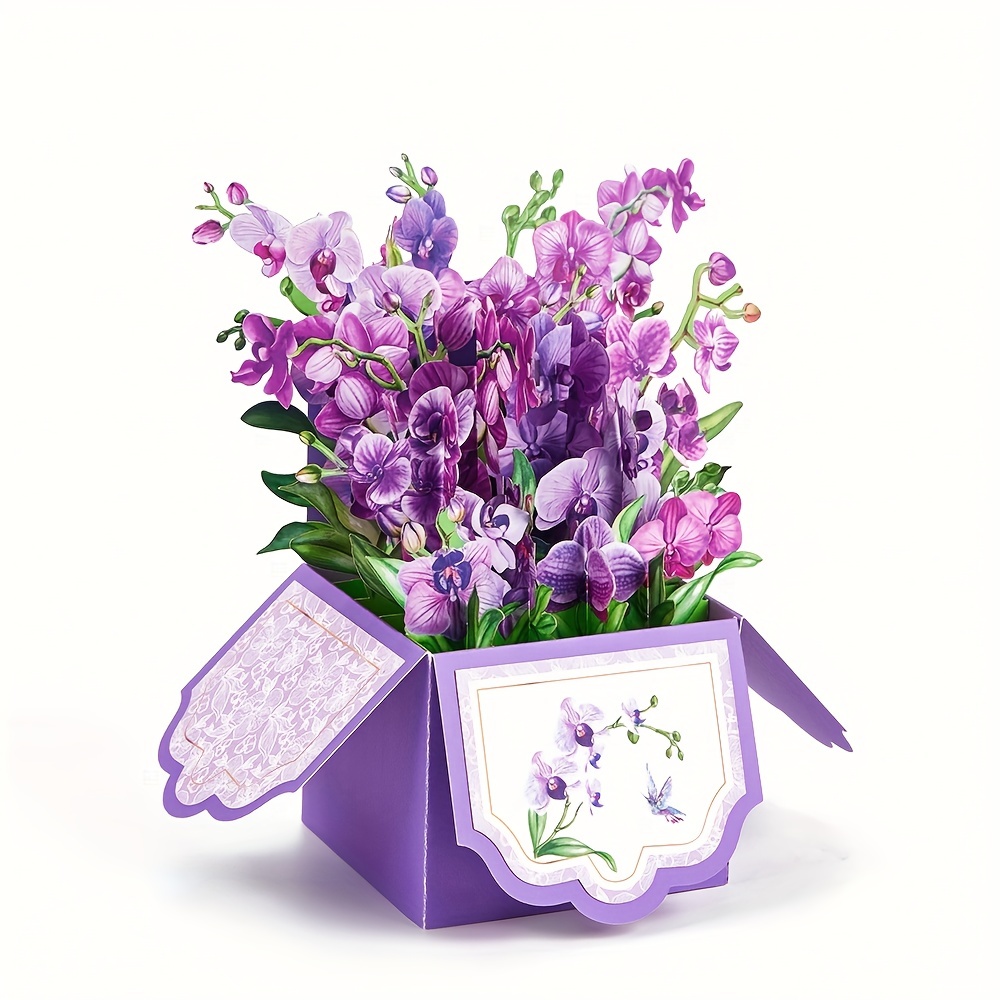 Purple Orchids Pop Up Box Card Christmas Birthday Father Mother