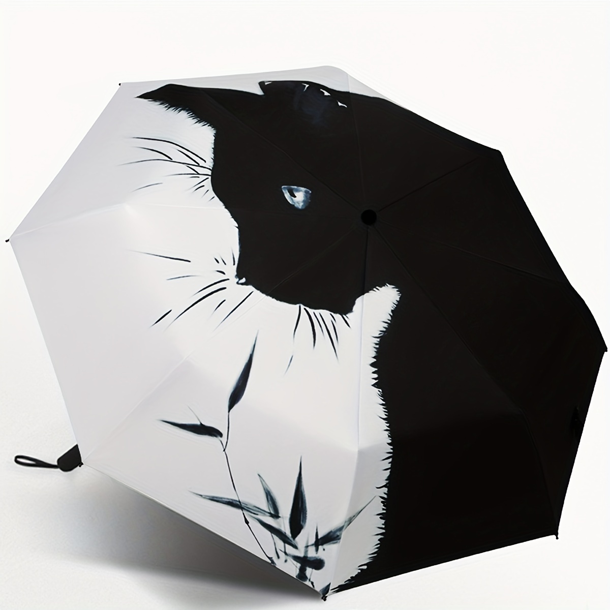 

1pc Black And White Cat Pattern Folding Umbrella, Rainproof Sunshade Uv Protection Travel Umbrella