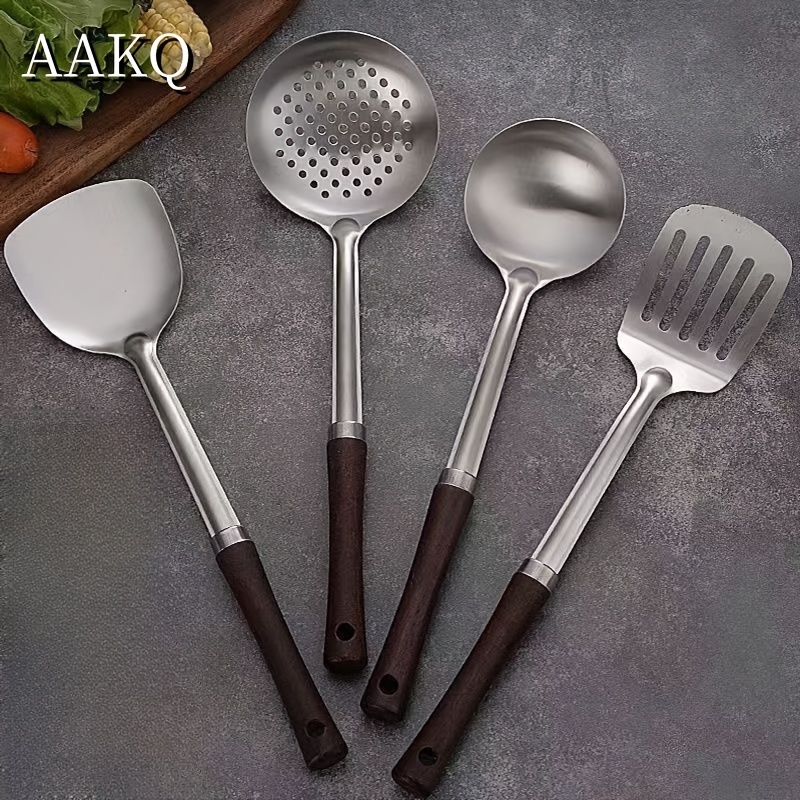 Juego de utensilios de cocina, 7 piezas de utensilios de cocina de acero  inoxidable 304 con soporte, mango de madera resistente al calor,  herramientas
