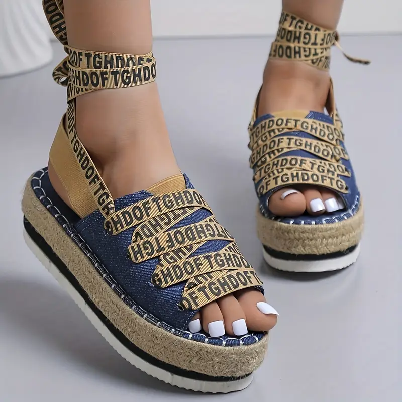 womens letter print platform sandals casual open toe summer shoes comfortable lace up sandals details 5