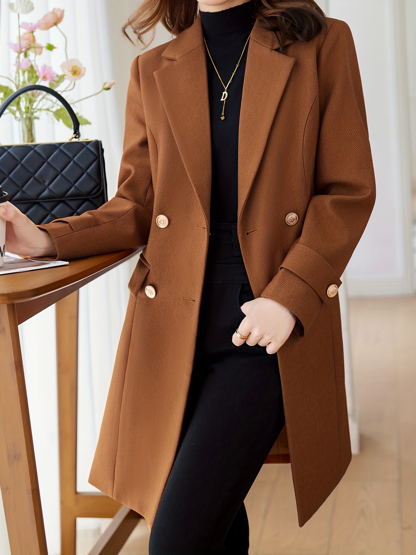 Single Breasted Solid Coat Elegant Long Sleeve Collared - Temu