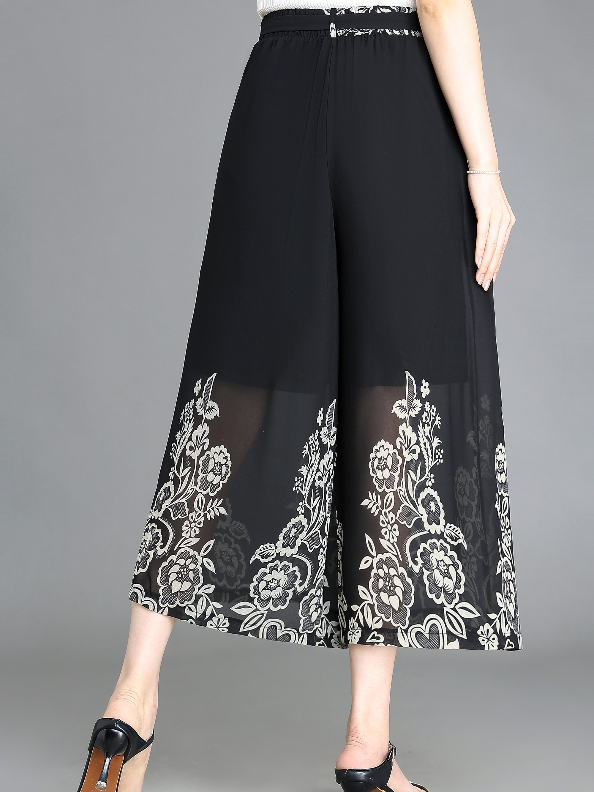 Floral Pattern Chiffon Cropped Wide Leg Pants, Casual Belted Pants For  Spring & Fall, Women's Clothing