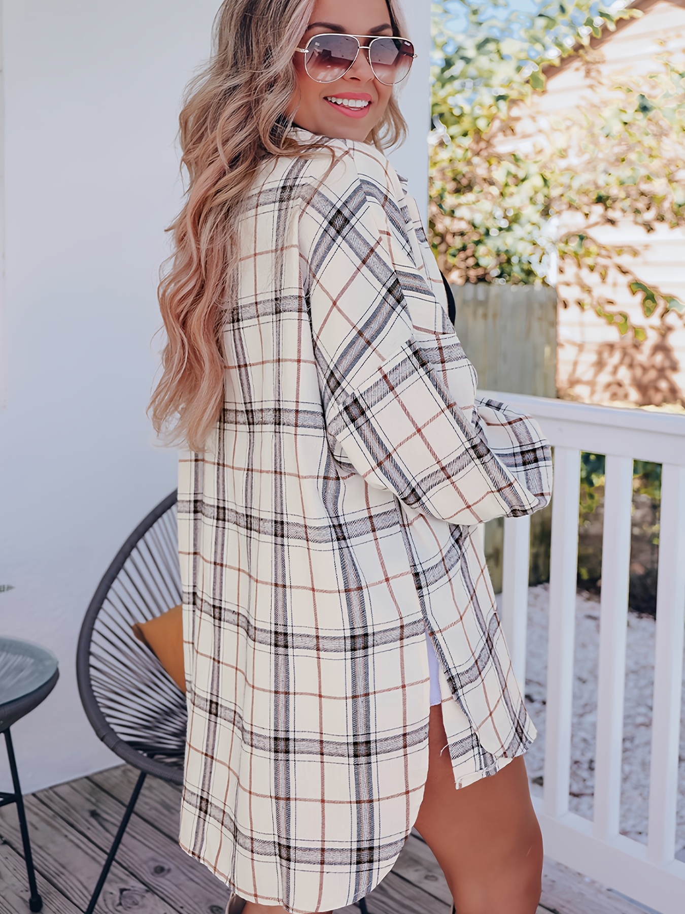White Plaid Shacket, Side Split Button Up Casual Shirt Jacket For Spring &  Fall, Women's Clothing