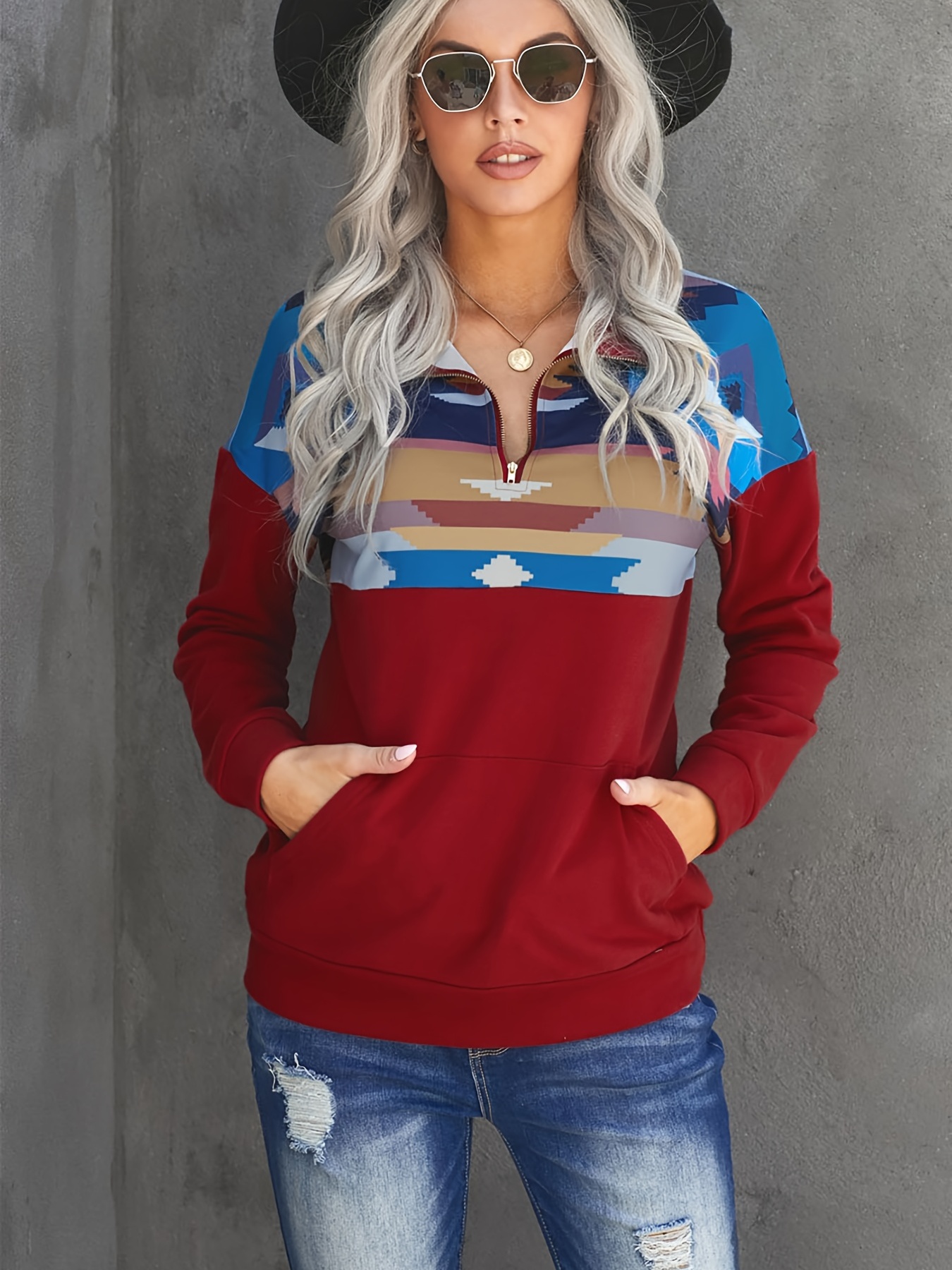 Aztec Print Quarter Zip Loose Sweatshirt, Casual Long Sleeve Western Style  Sweatshirt, Women's Clothing