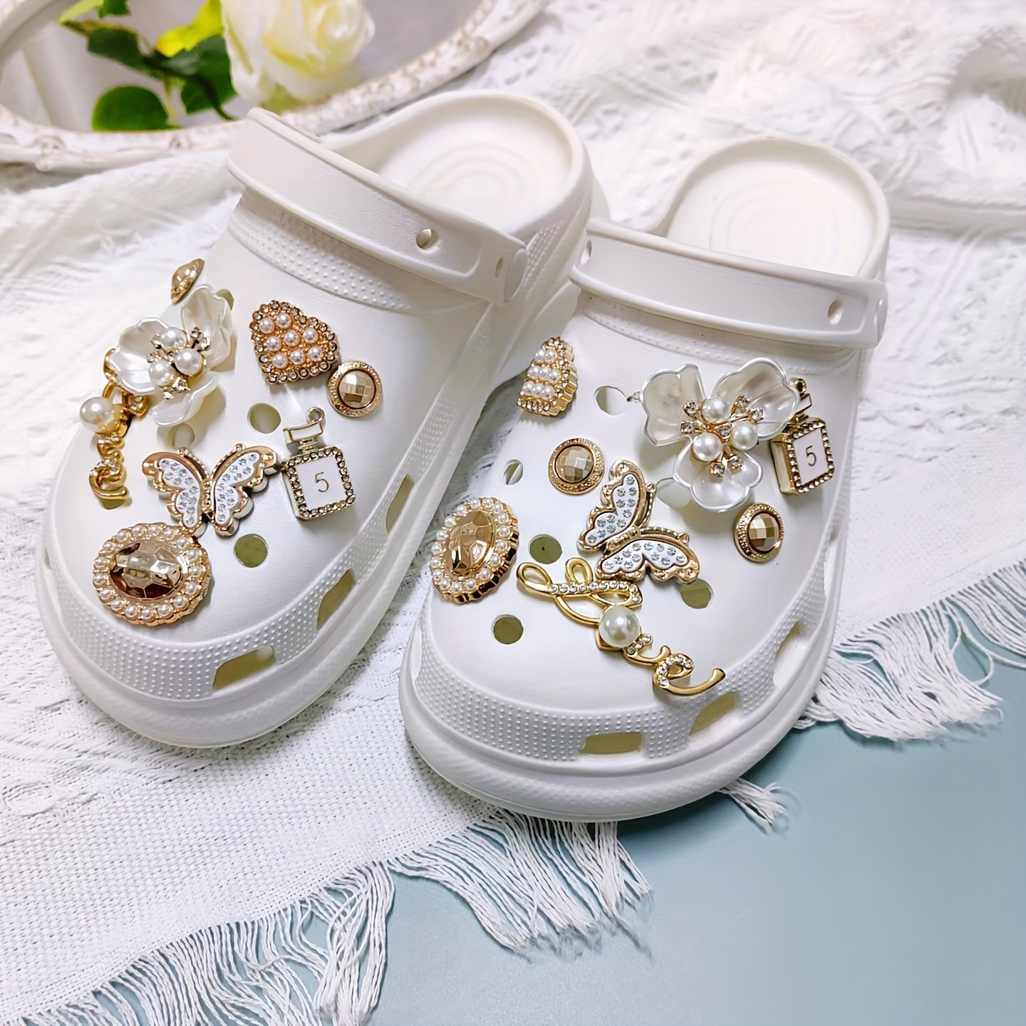 Rhinestone Set Croc Shoes Charms Butterfly Kit Pearl Flower Gold