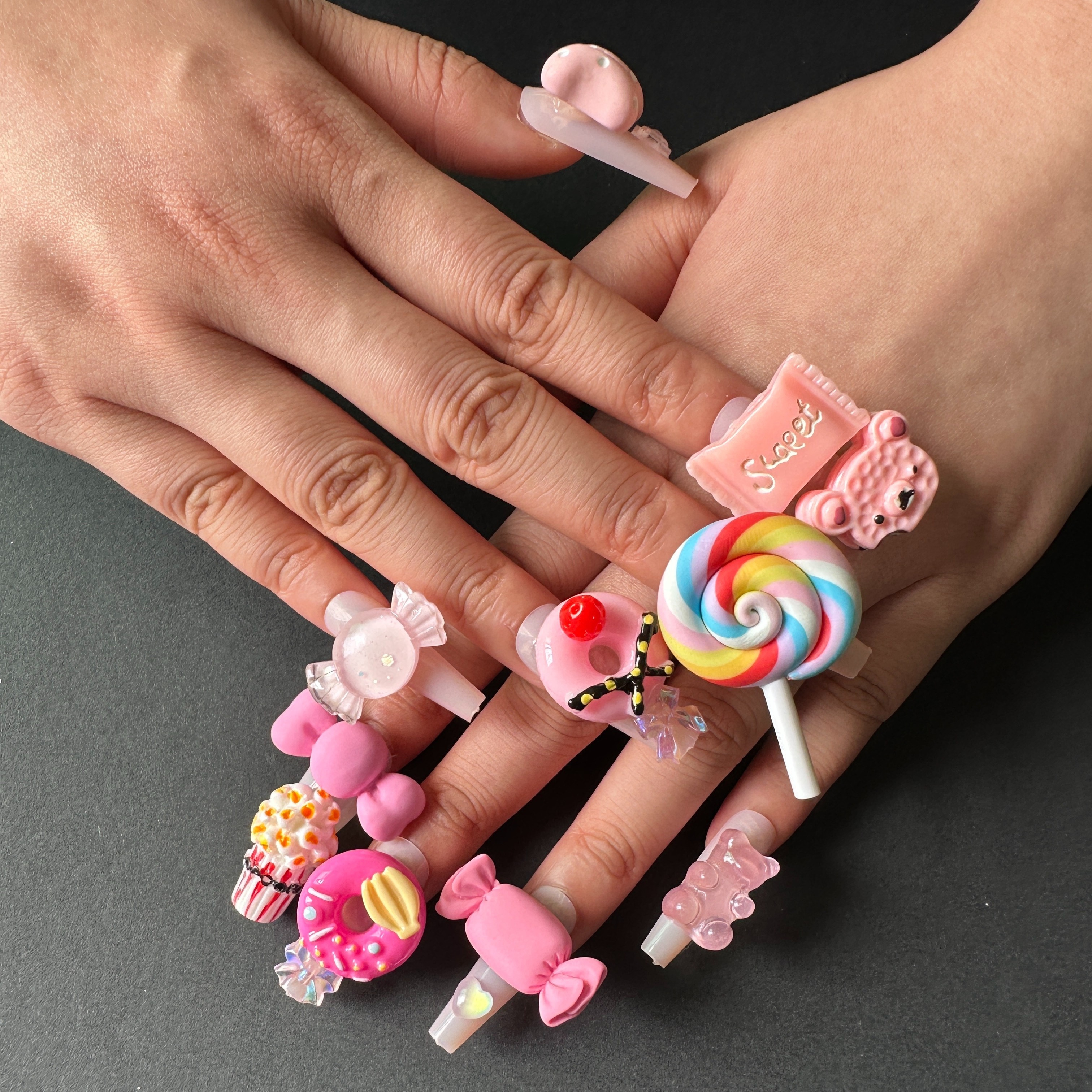 10Pcs Kawaii Colorful Bow Lollipop Nail Charms Cartoon 3D Acrylic