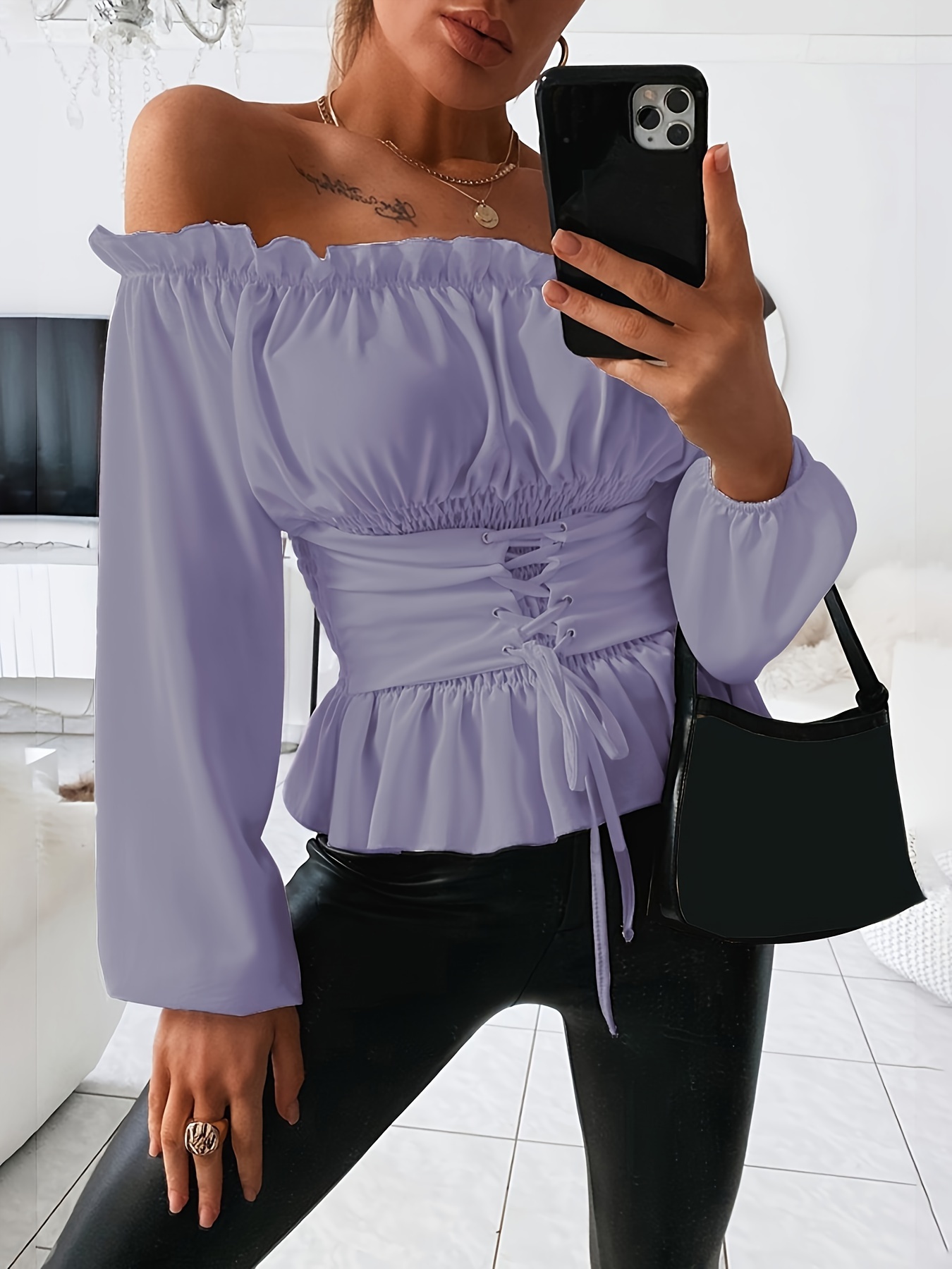 RUFFLED BLOUSE WITH TIE - Purple