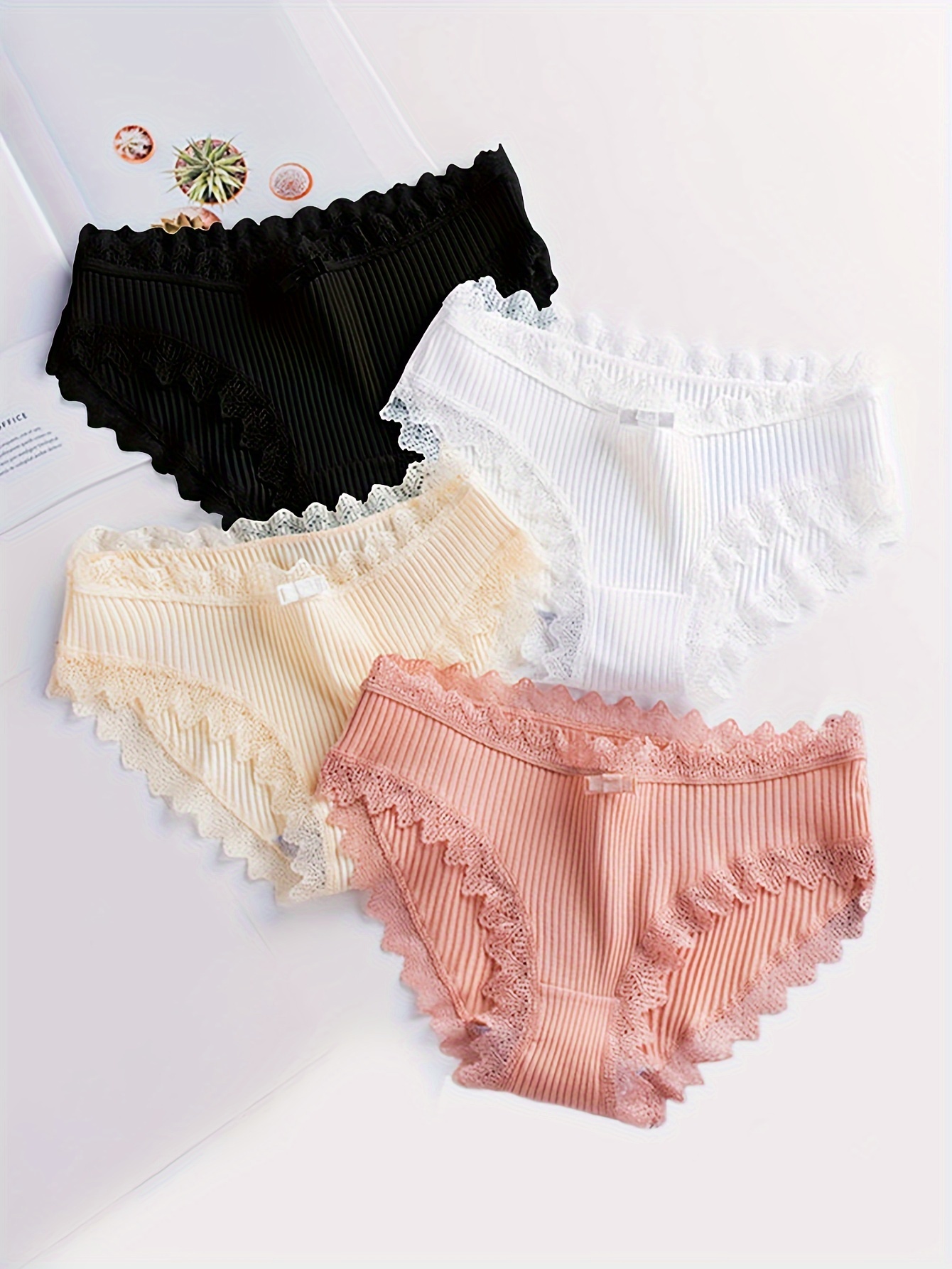 New Women's Threaded Cotton Panties Japanese Style Girls Briefs Mid-waist  Solid Seamless Lace Underpants Lingerie Cute Underwear