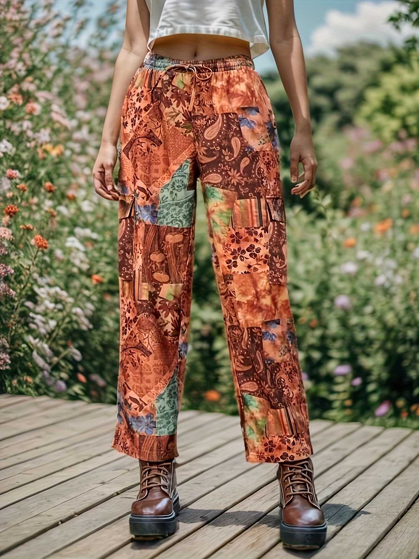 Women Floral Printed Drawstring Loose Comfy Wide Leg Trousers Casual Long  Pants