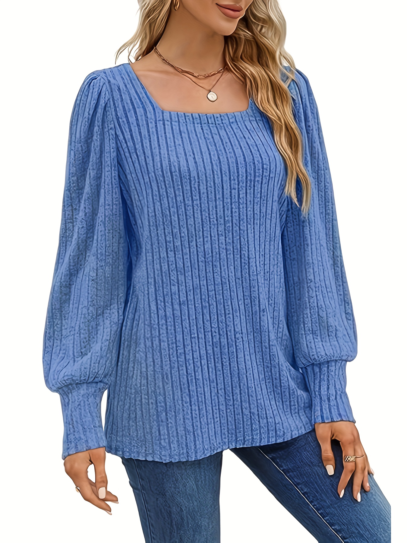 Solid Ribbed Knitted Pullover Sweater, Casual Square Neck Lantern Sleeve  Sweater For Spring & Fall, Women's Clothing