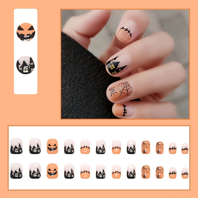 Black Halloween Press On Nails Short Square Nails Matte - Temu