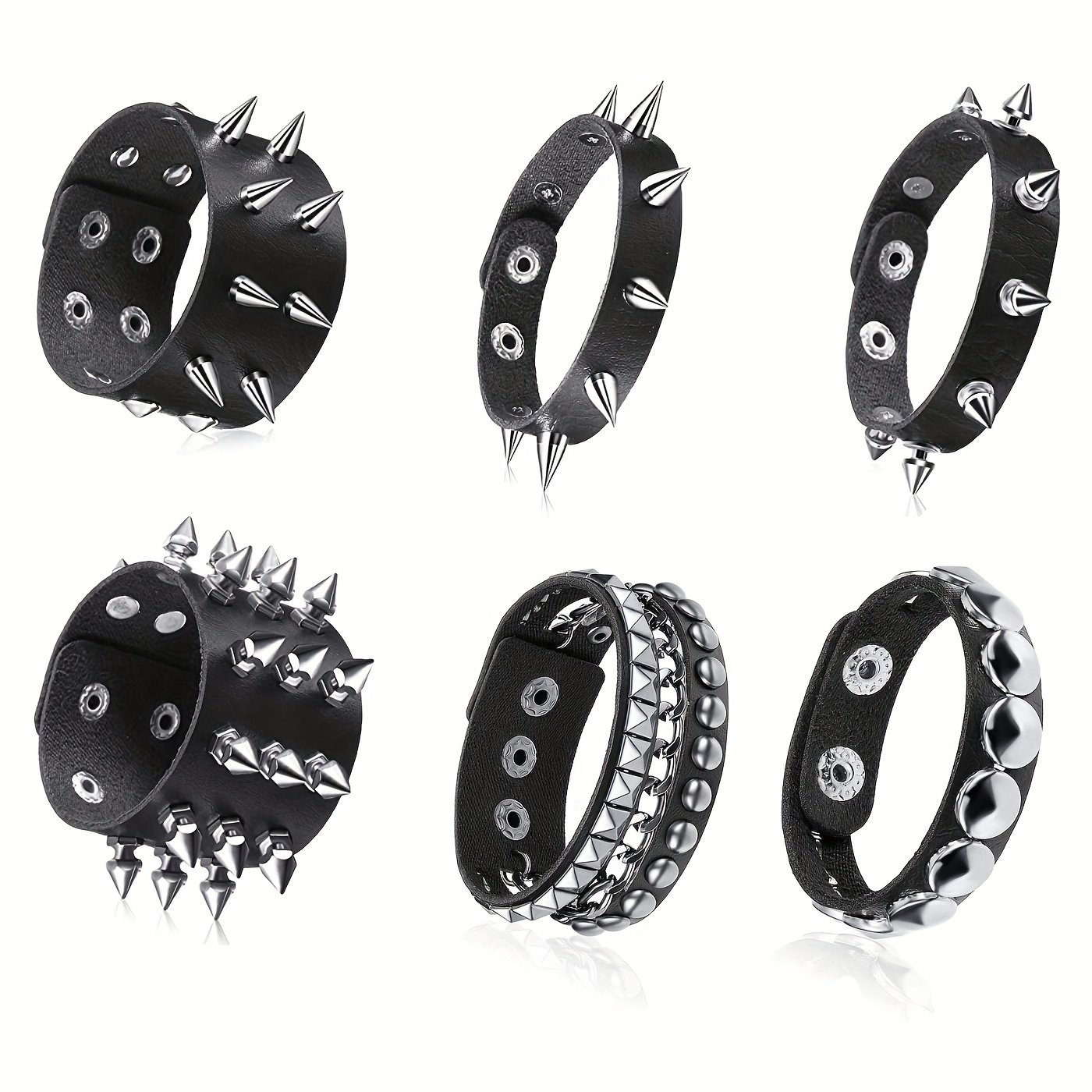 

6pcs Ensemble de bracelets de manchette gothique en cuir PU noir Style punk Rivets Bijoux à la main Décoration rock