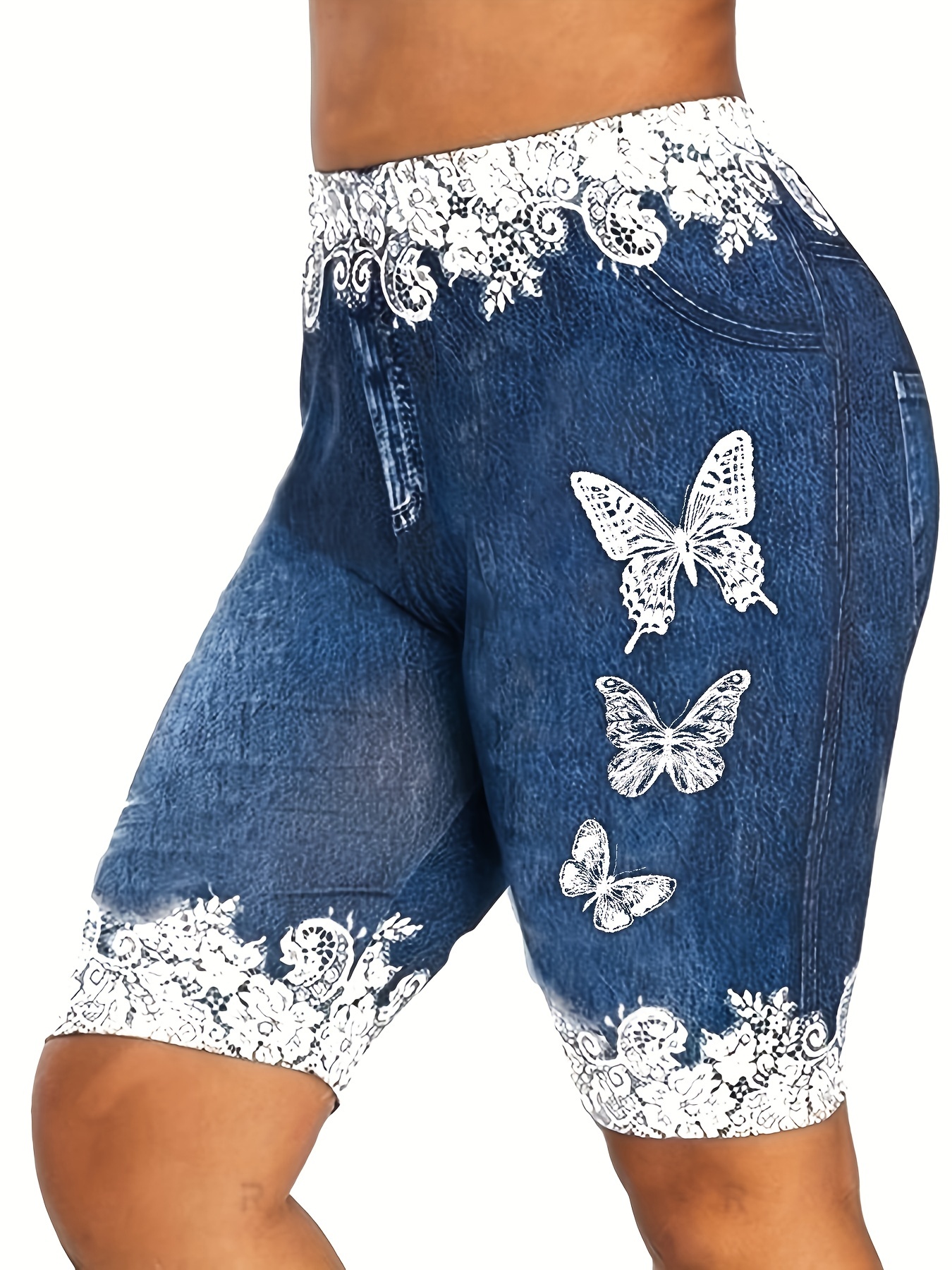 Plus Size Casual Shorts Women's Plus Denim Butterfly Print - Temu Canada