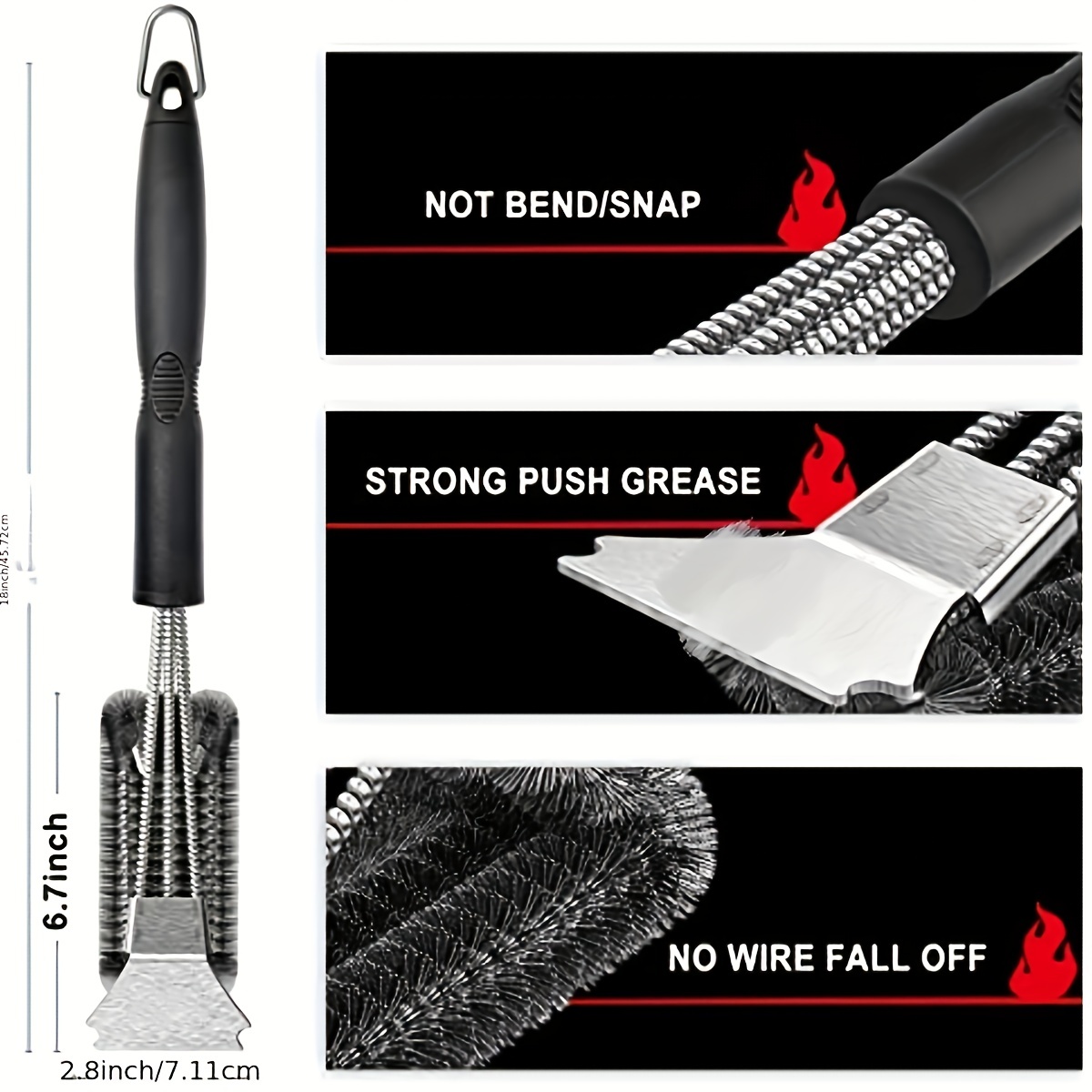 GRILLART Grill Brush and Scraper Best BBQ Brush for Grill, Safe 18  Stainless Steel Woven Wire 3 in 1 Bristles Grill Cleaning Brush 