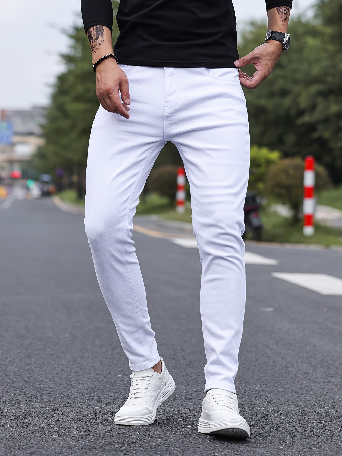 Contrast Stitching Slim Fit Jeans Temu Street Casual Style Men\'s 