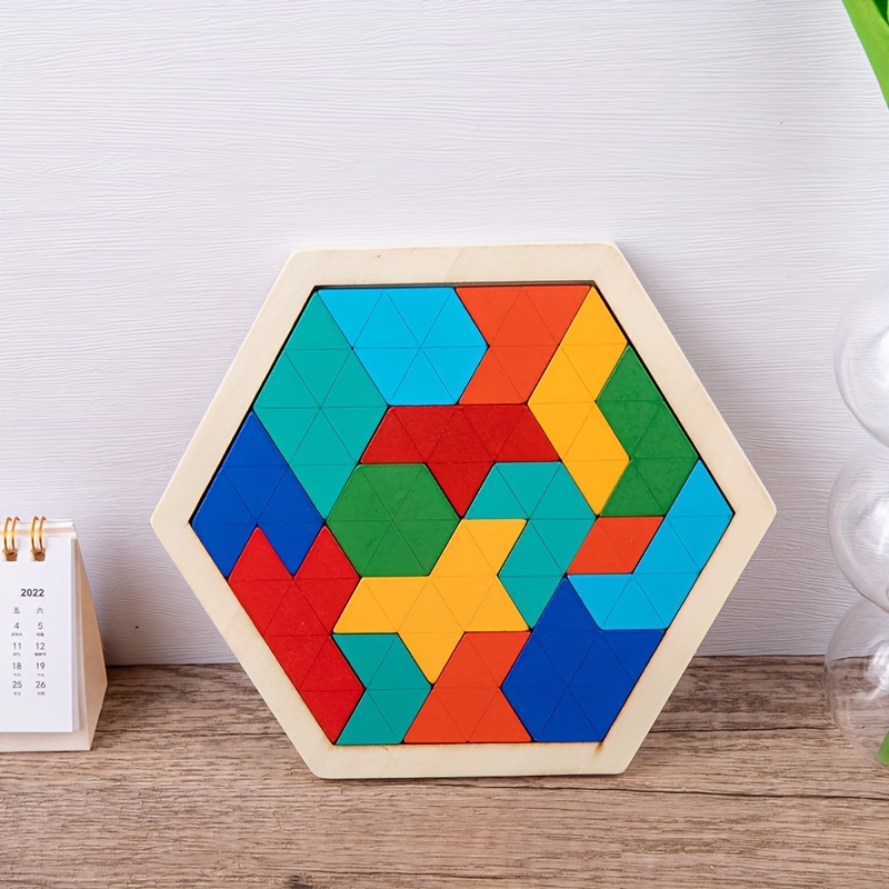Brain Teasers Puzzles Toy for Kids & Adults | 16 Pcs Wooden Colorful  Hexagon Fun Geometry Logic Tangram Puzzles Table IQ Game STEM Montessori