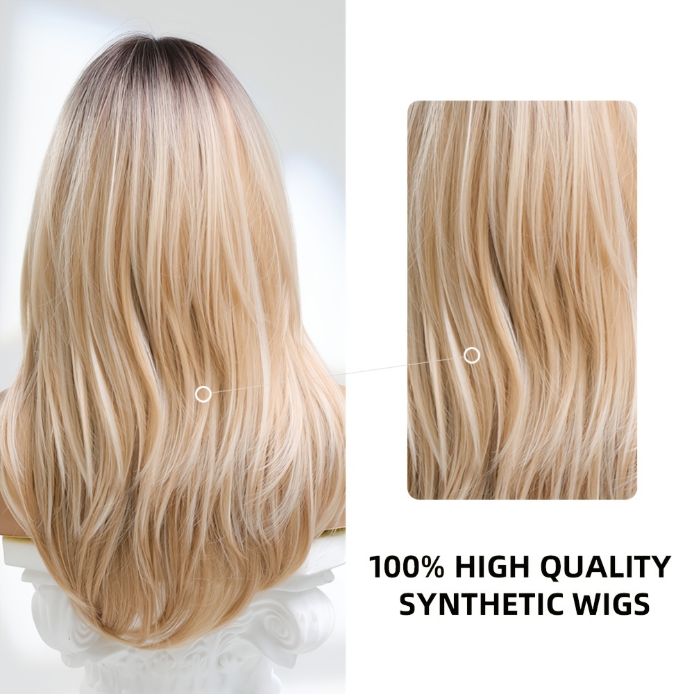 Long Blonde Wig With Bangs And Dark Roots Synthetic Hair - Temu