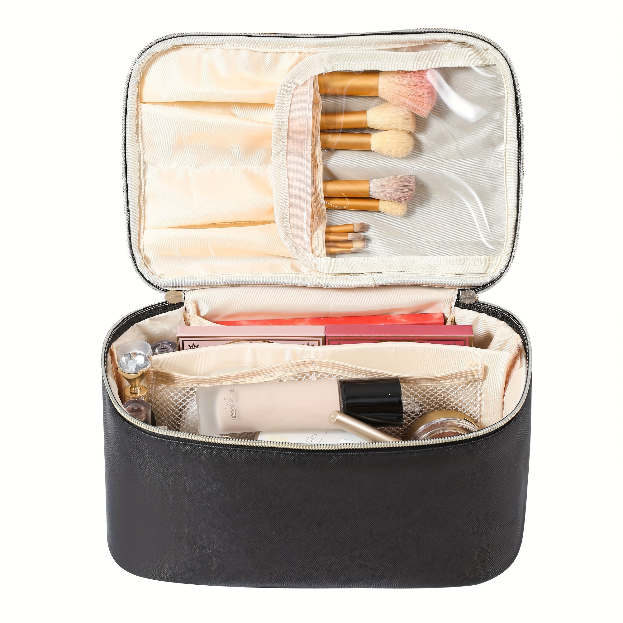 Makeup Bag Cosmetic Bag Travel Makeup Bag With Adjustable Dividers Soft  Handle, Portable Pu Leather Waterproof Toiletry Bag Artist Storage Bag,  Black - Temu Australia