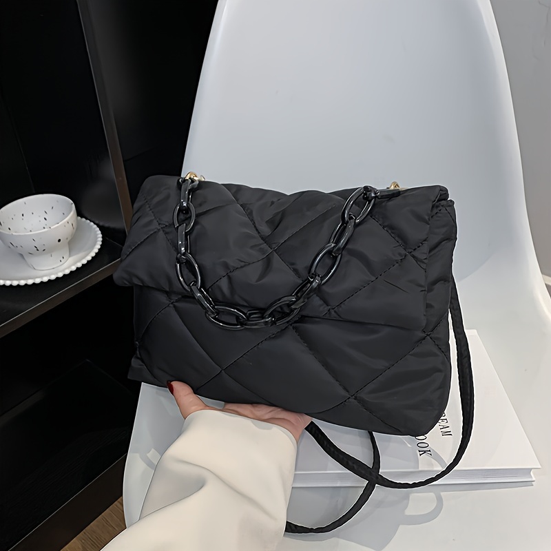 

Black Textured Square Flap Shoulder Bag, Classic Argyle Pattern Handbag With Chain Decor