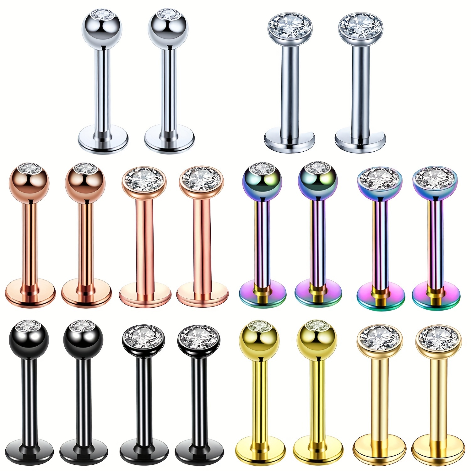 

4/10/20pcs 316l Stainless Steel Labret Ear Studs Lip Rings Set Inlaid Shiny Rhinestone Simple Style Body Piercing Jewelry