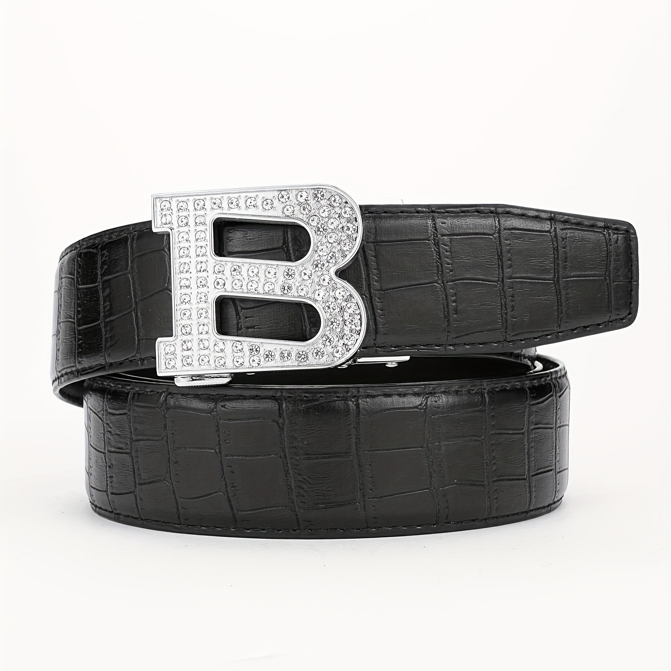 Crocodile Pattern Automatic Buckle Belt Faux Diamond Inlaid Belt