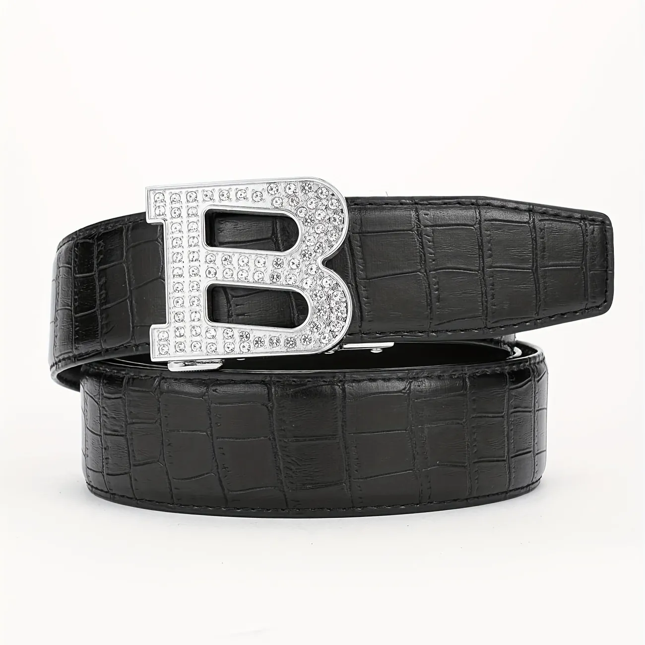 1pc Fashion Faux Diamond Inlaid Large B Letter Automatic Buckle PU Leather  Belt For Men