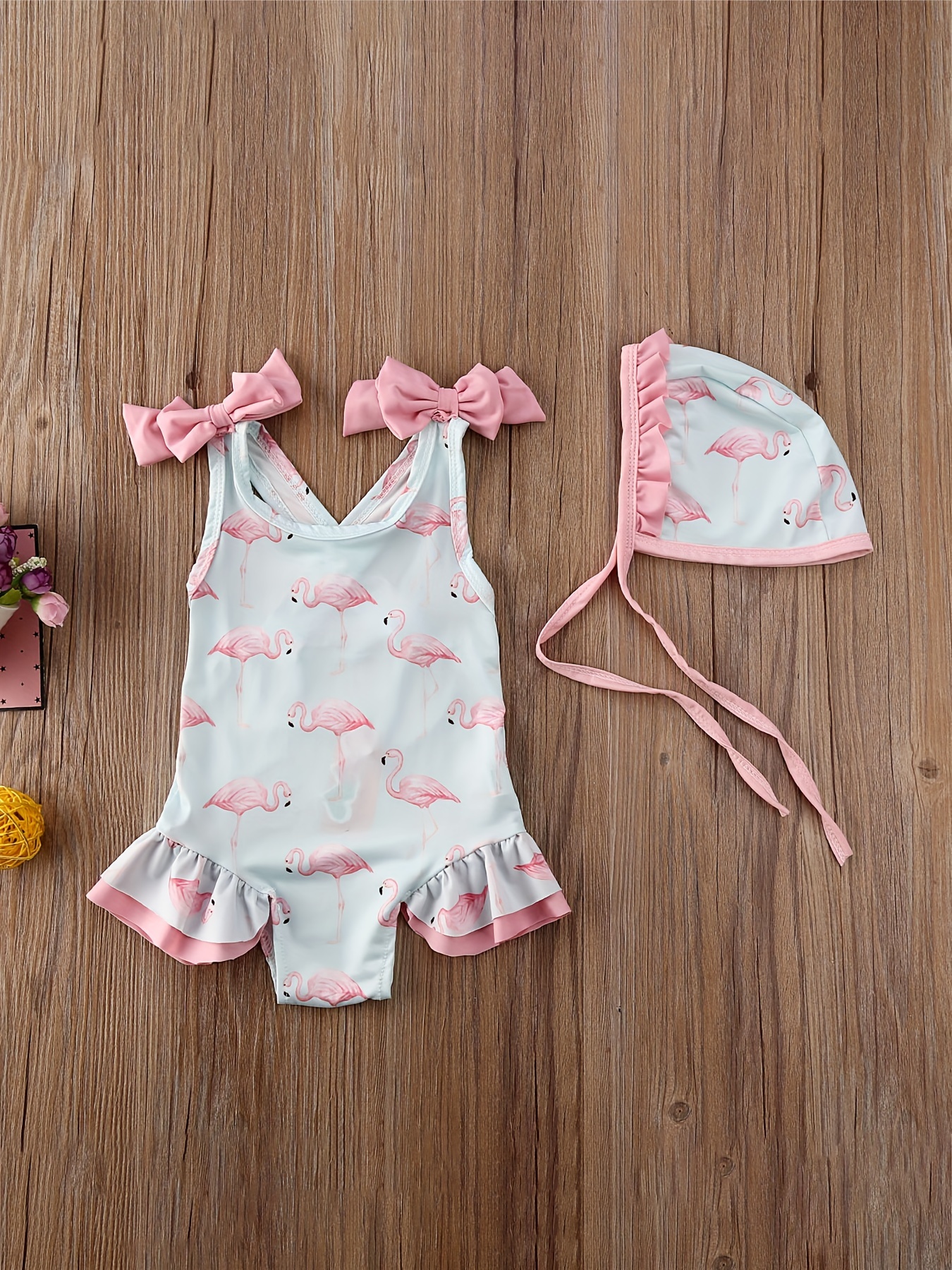 2pcs Toddler Baby Girl Flamingo Cotton Swimsuit Ruffle Bathing Suits & Hats