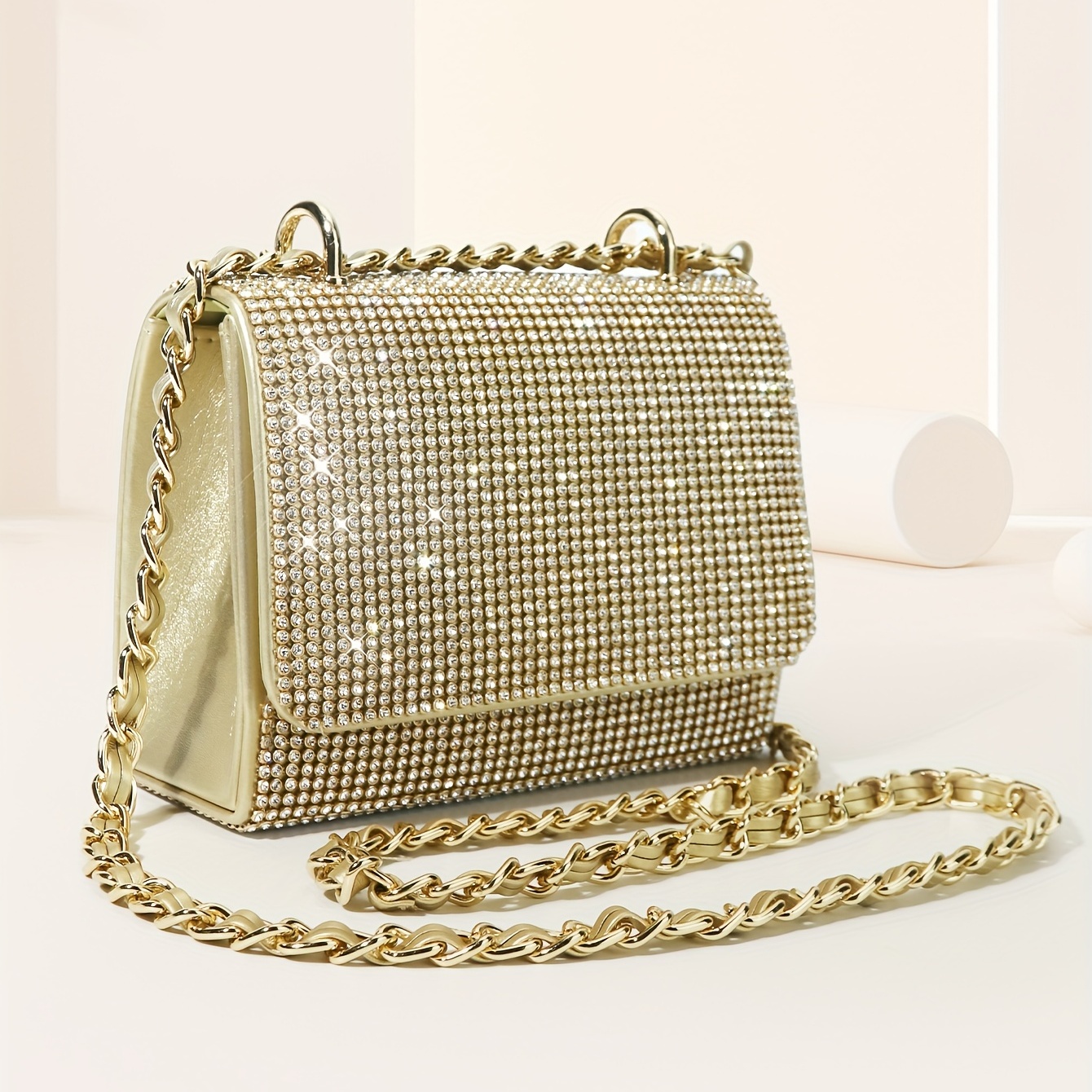 Rhinestone Decor Ruched Square Bag, Women's Buckle Clutch Purse, Chain Hand  Bag For Party - Temu