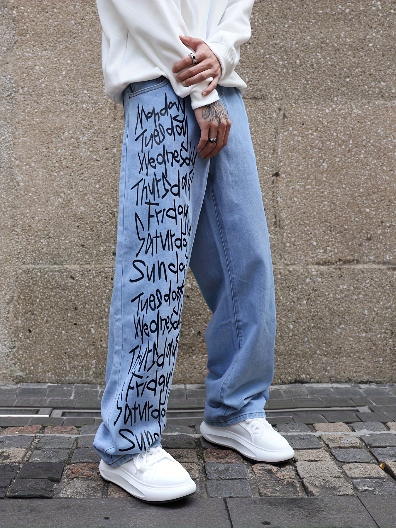 Letter Print Loose Fit Jeans, Men's Casual Street Style Wide Leg ...