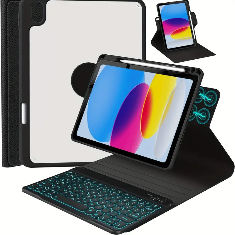 Pour étui iPad 10ème génération avec clavier 2022 10,9 pouces, étui clavier  magnétique rotatif à 360° avec design de rainure porte-stylo, clavier  détachable rétroéclairé 7 couleurs, couverture de tablette folio  intelligente - Temu Belgium