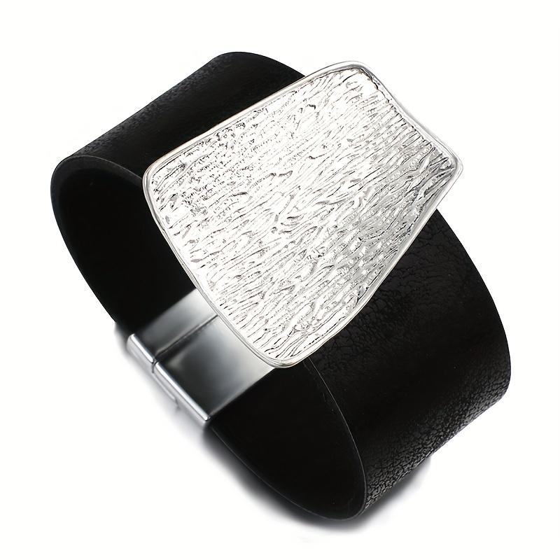 E-shop trendiges Armreif-Armband aus PU-Leder mit großem geometrischem Anhänger in goldener Farbe aus Metall für Damen Herren, breites Wickelarmband,