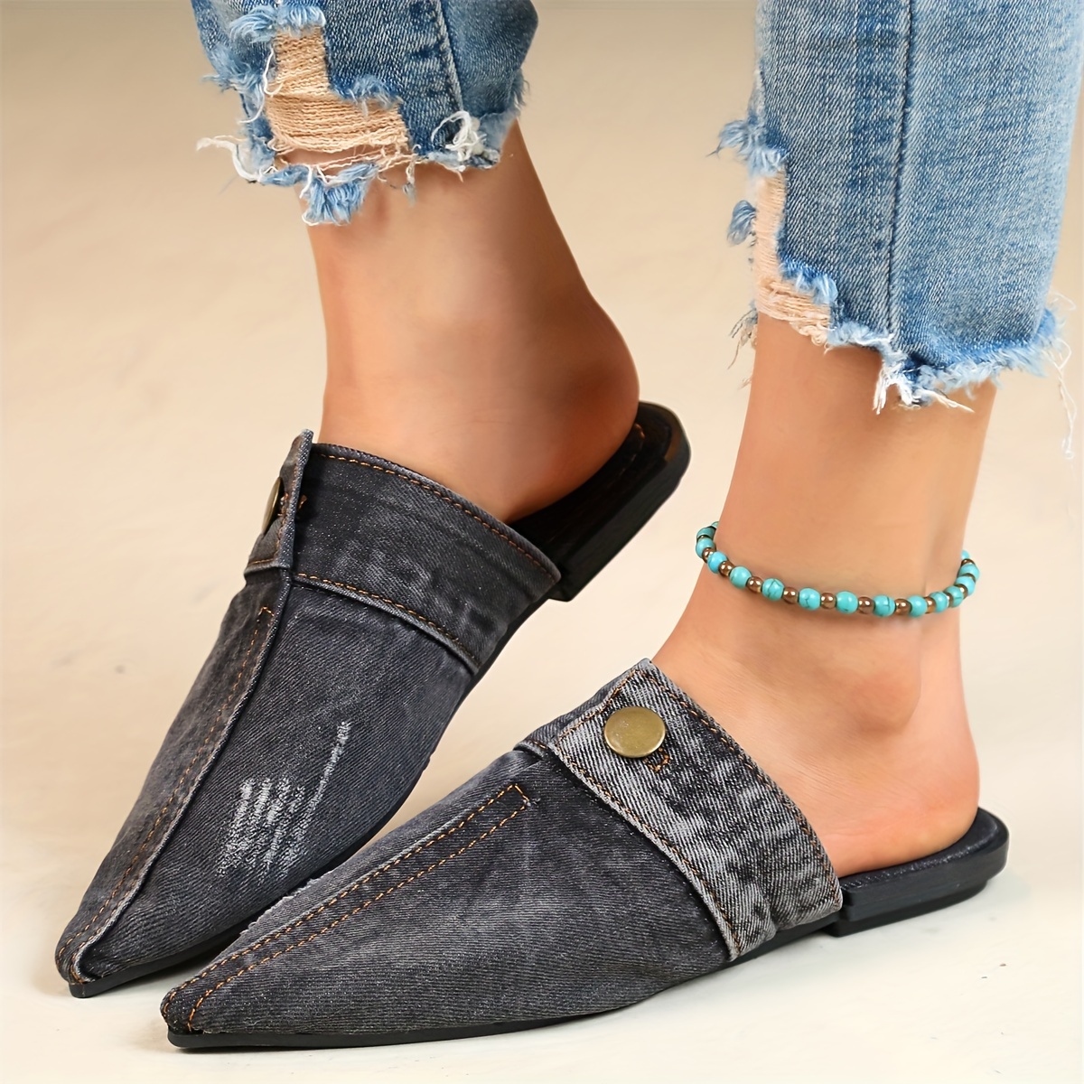 Women's Denim Flat Mules Fashion Pointed Toe Slip Non Slip - Temu