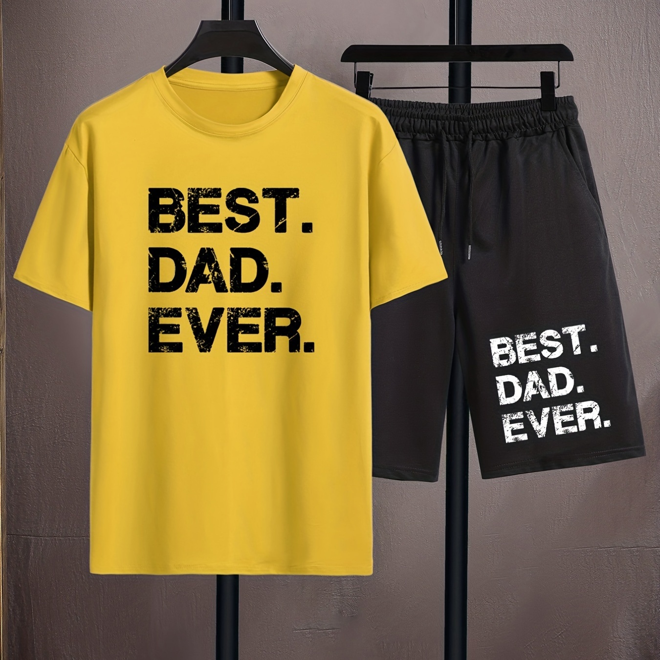 

''best Dad Ever'' Print, Men's 2pcs, Casual T-shirt And Loose Drawstring Shorts For Summer