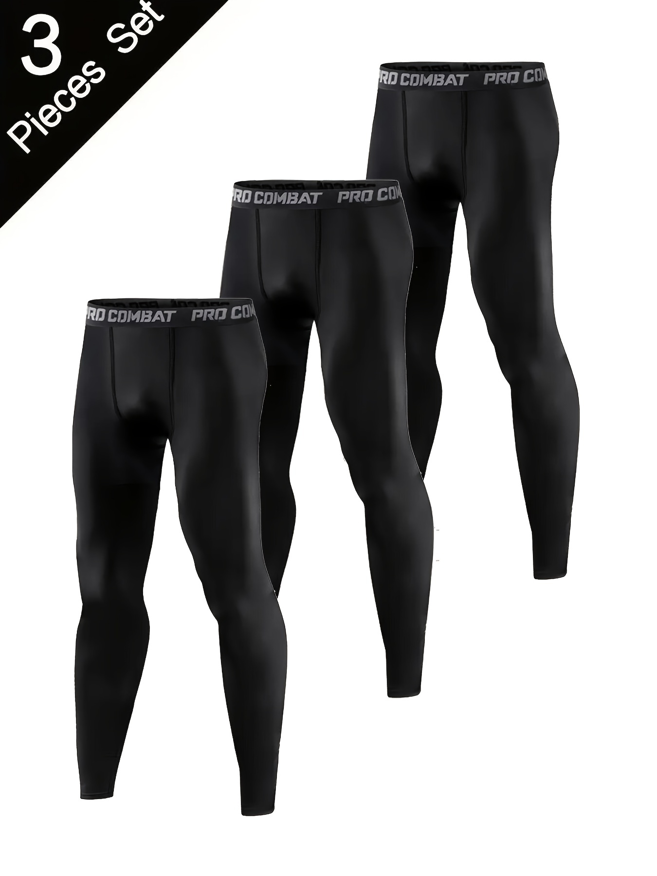 3pcs Mens Solid Sports Leggings Active Quick Drying High Stretch