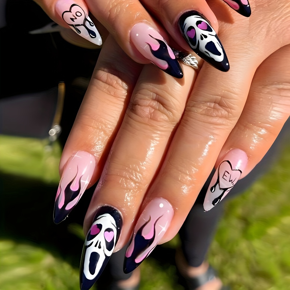  24 Pcs Pink Halloween Press on Nails Medium Length