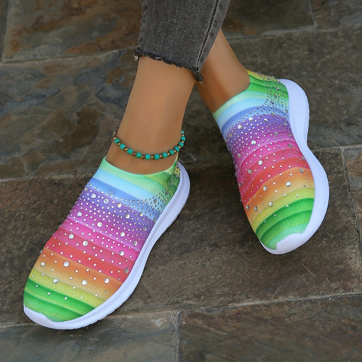 Women's Rhinestone Sock Sneakers Comfy Solid Slip Running - Temu