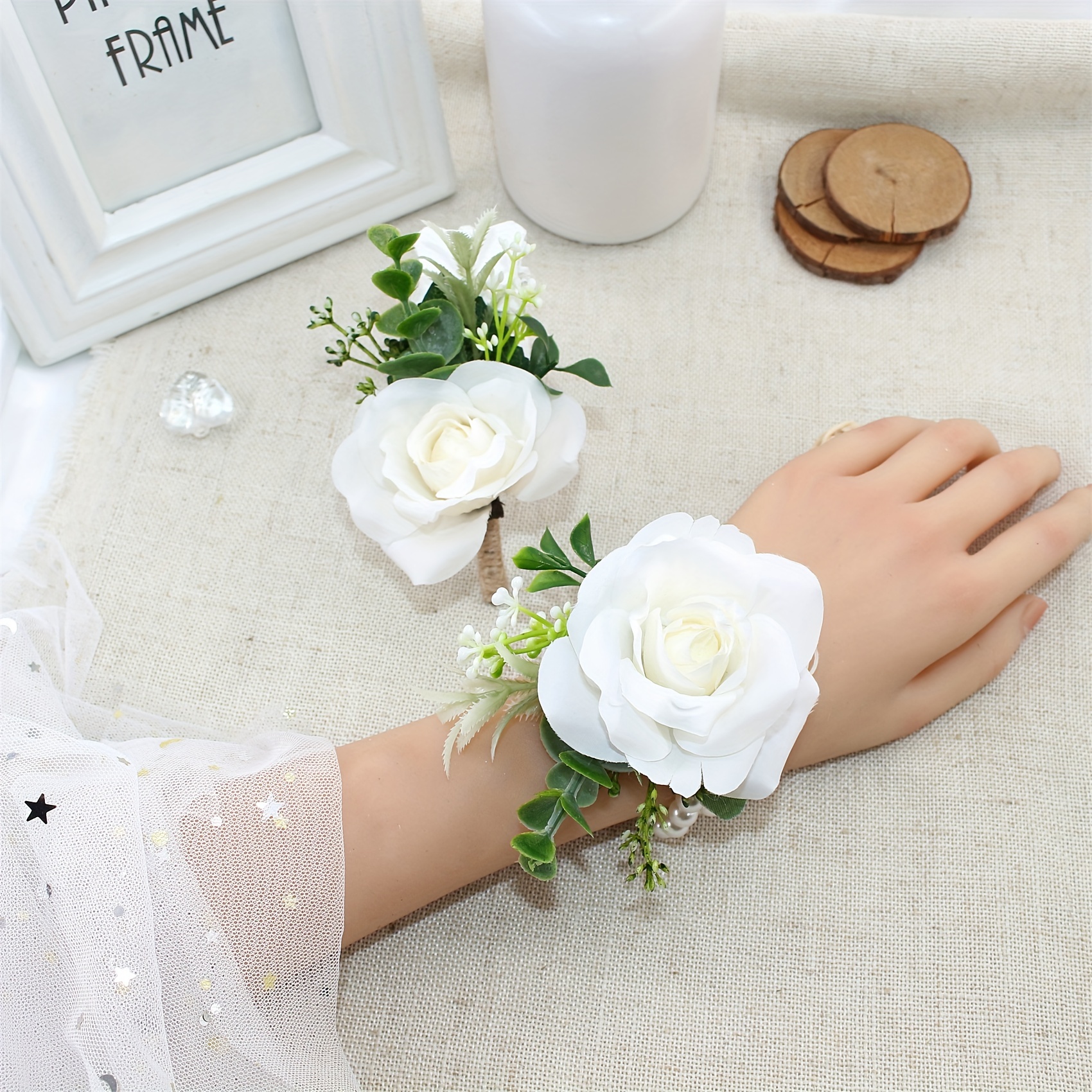 White Rose Wrist Corsages for Wedding 2pcs Pearl Wrist Corsage