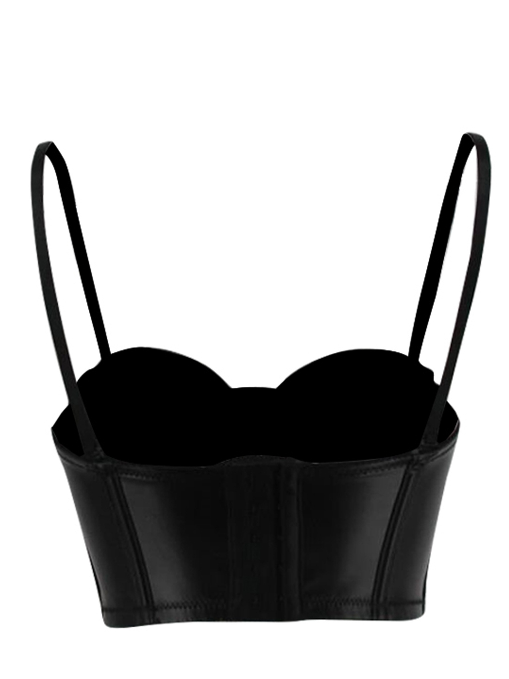 PU Leather Black Bustier Cami Top, Sexy V Neck Push Up Solid Corset,  Women's Underwear & Lingerie